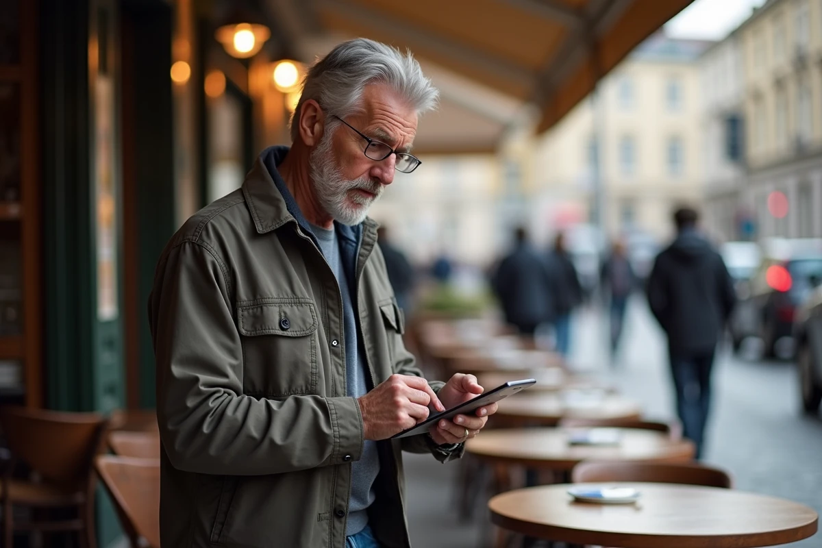 Homme d age moyen utilisant une tablette en terrasse de café