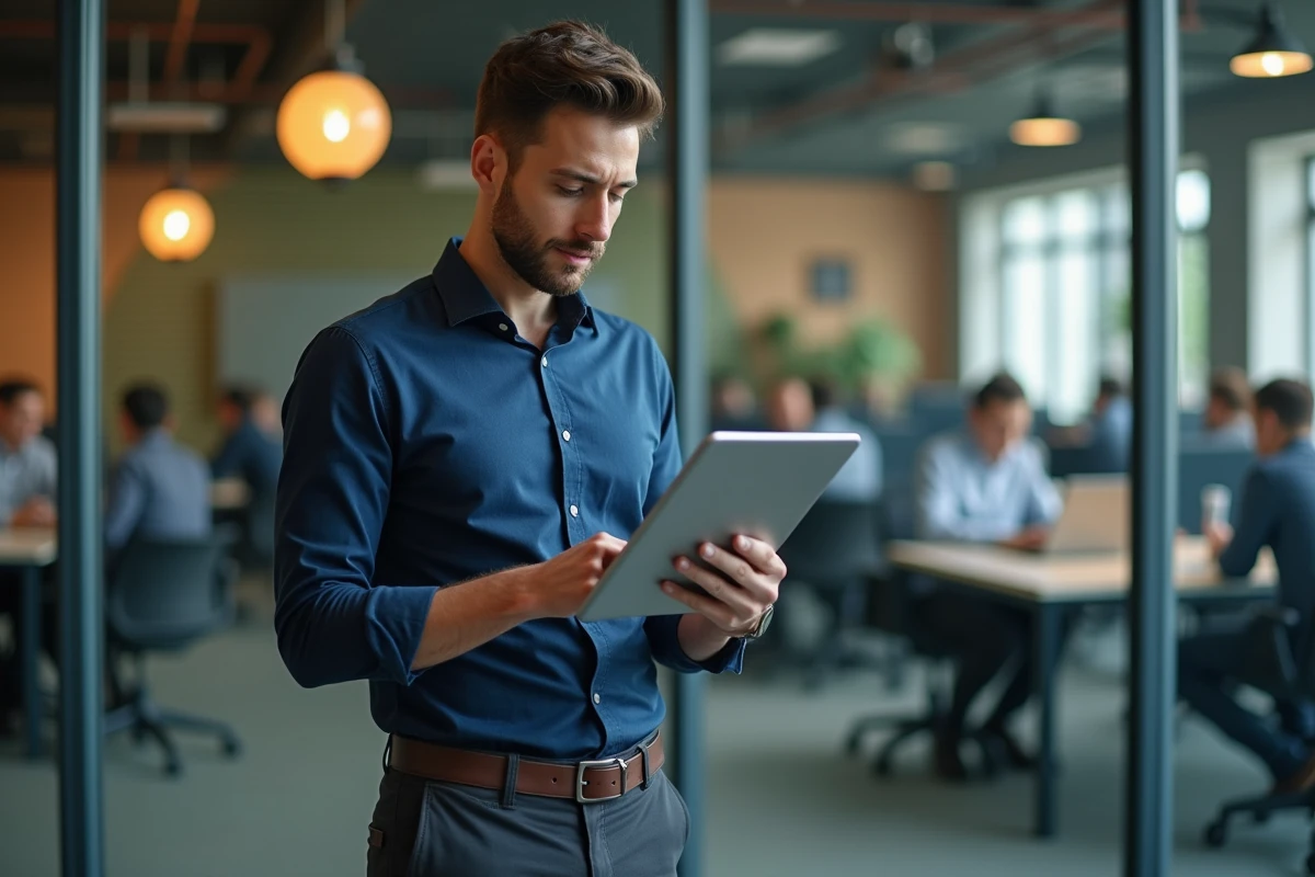 Homme professionnel consultant une certification numérique dans un espace de coworking moderne en 2026