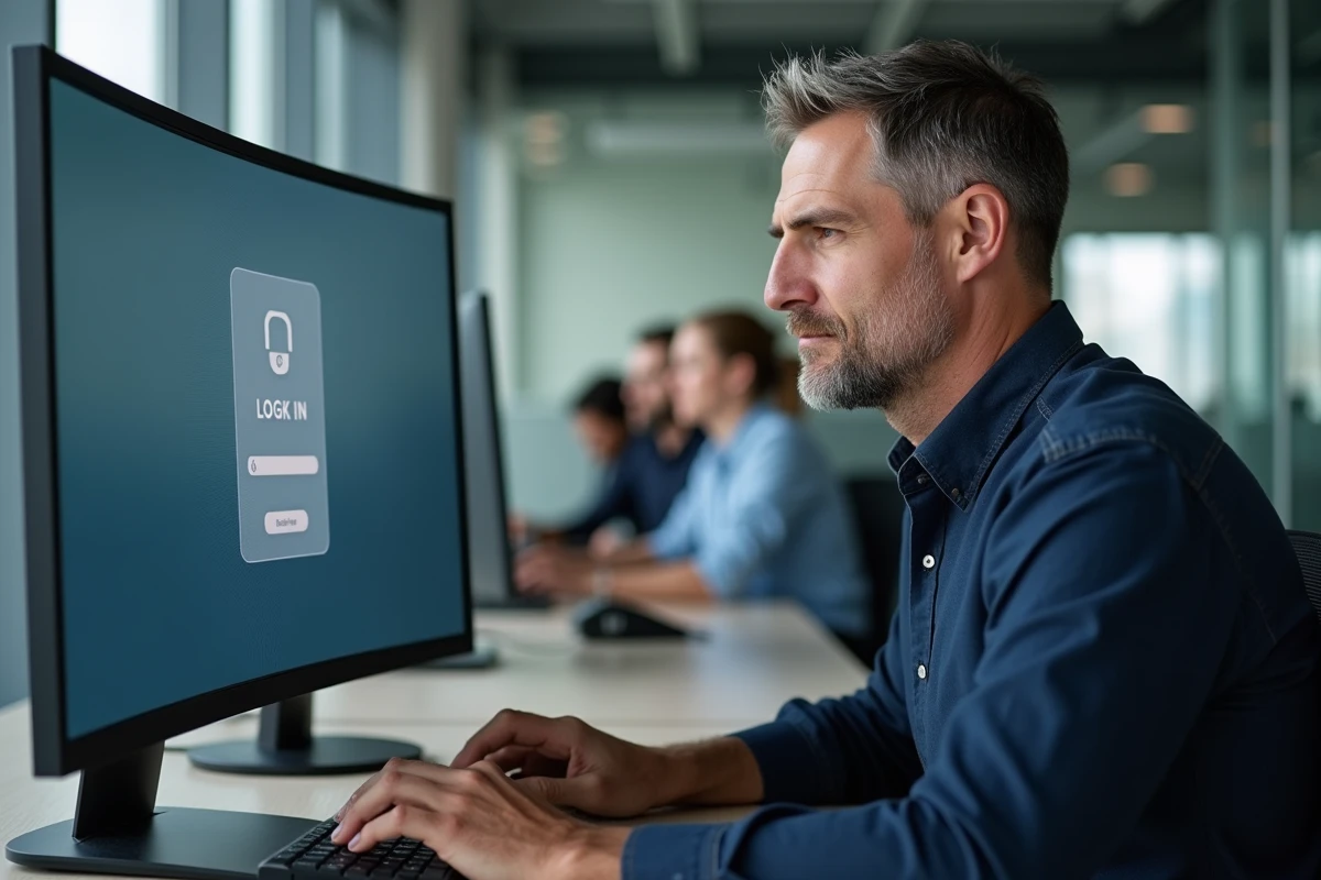Homme se connectant à son espace membre sur un ordinateur de bureau dans un bureau professionnel ouvert