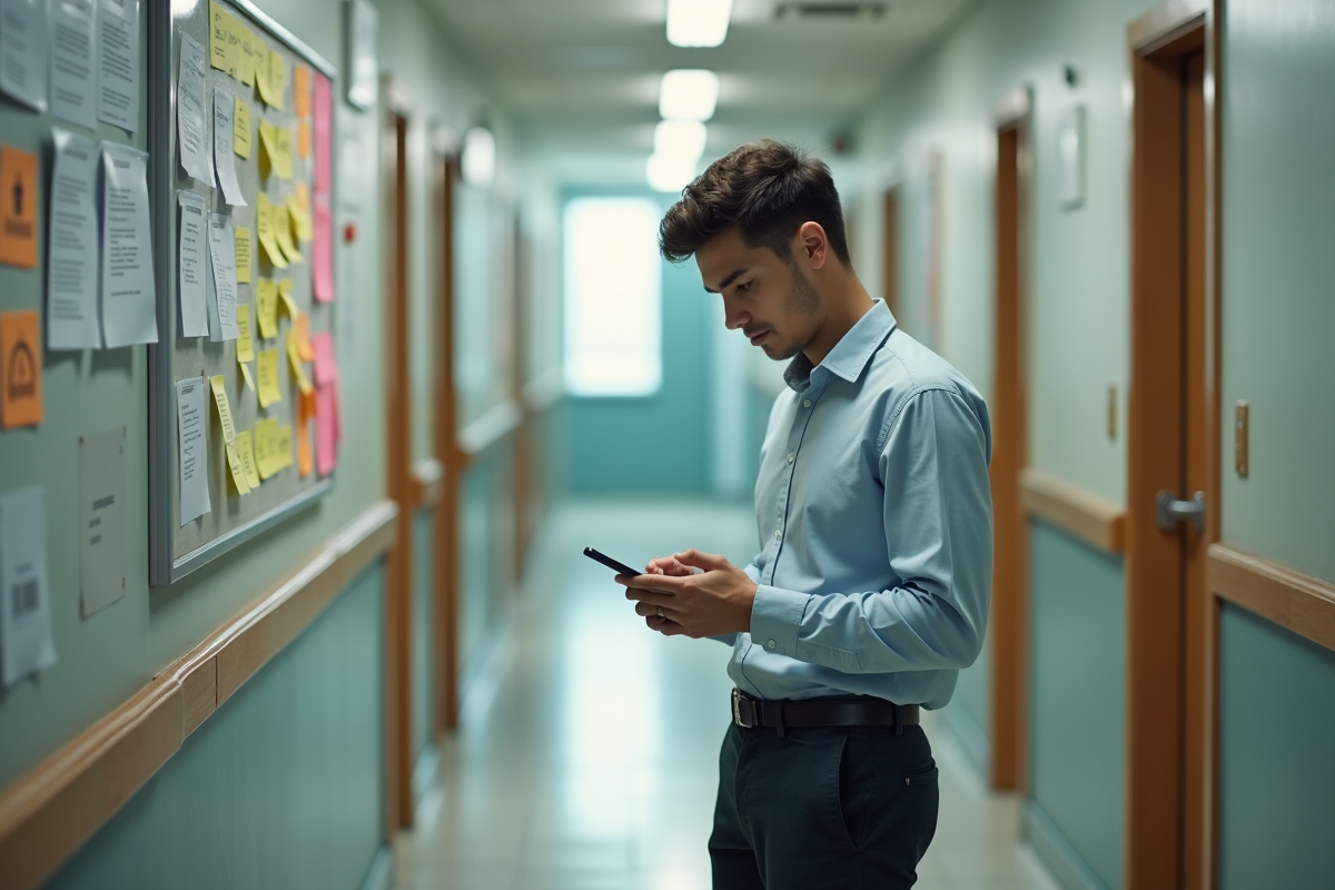 Jeune homme dans un couloir avec tableau d affichage
