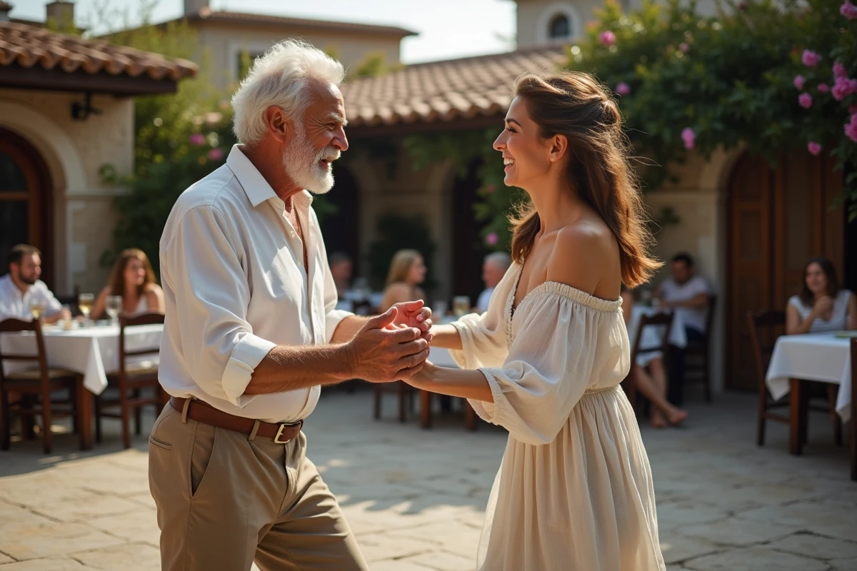 Homme grec âgé guidant une jeune femme dansant le sirtaki en extérieur