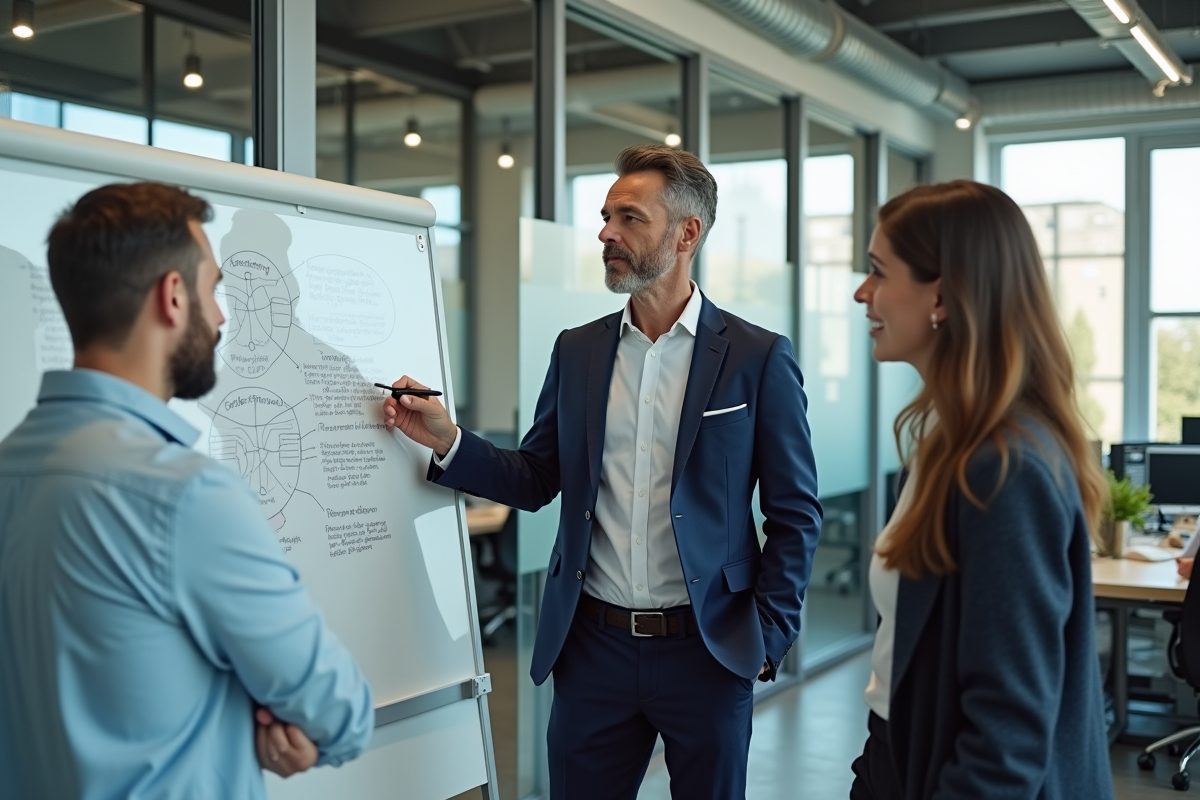 Homme d affaires expliquant un diagramme à ses collègues en bureau
