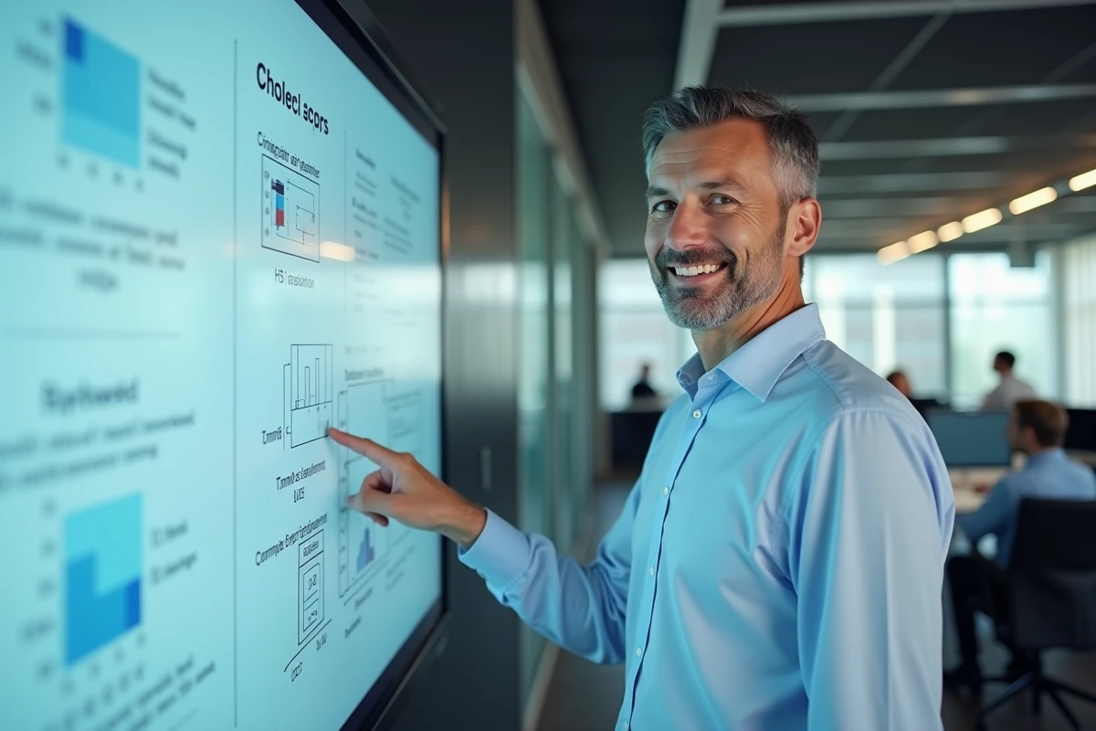 Homme en formation pointant un tableau blanc numérique en réunion