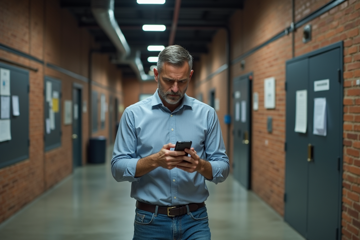 Homme marchant dans un couloir industriel avec smartphone