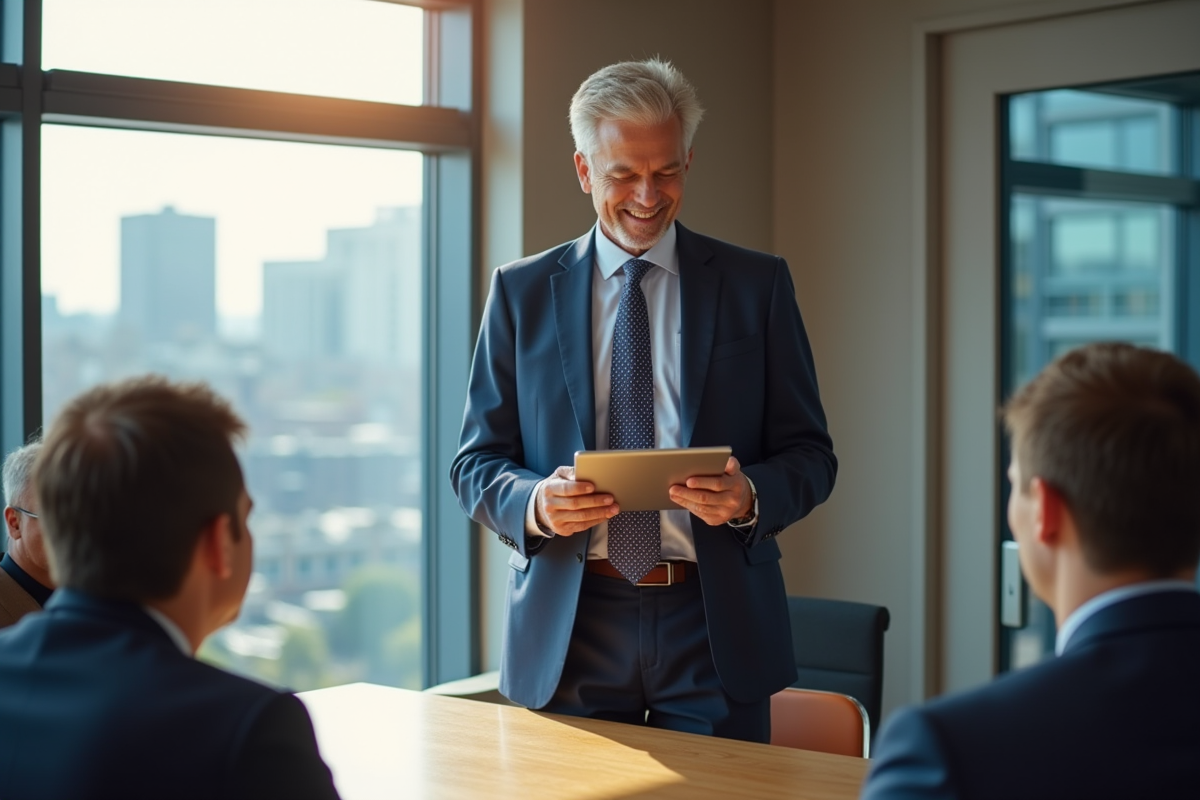 Homme en costume présentant un projet CAE en réunion