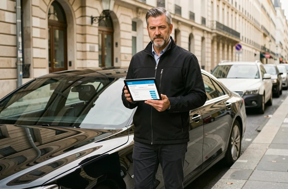 Homme en reconversion professionnelle devenant chauffeur VTC debout à côté de son véhicule professionnel avec une tablette