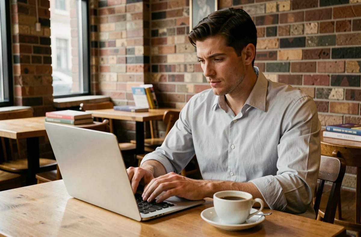 Jeune homme rédigeant la formule finale de sa lettre de motivation dans un café urbain