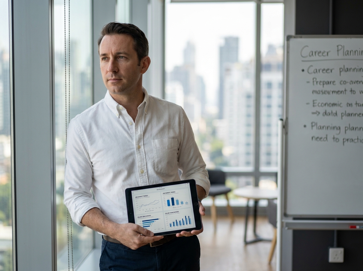 Homme consultant un tableau de bord de données salariales sur une tablette pour planifier sa reconversion professionnelle
