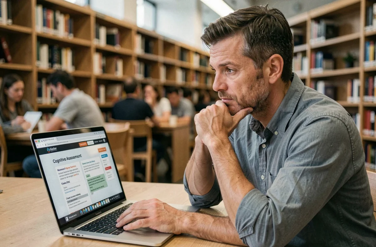 Homme adulte passant un test de QI en ligne sur ordinateur portable dans une bibliothèque