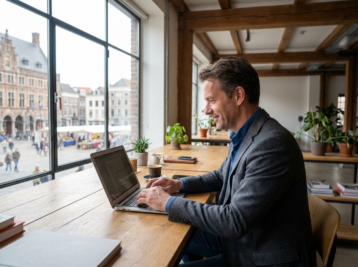 Homme travaillant dans un espace coworking lumineux