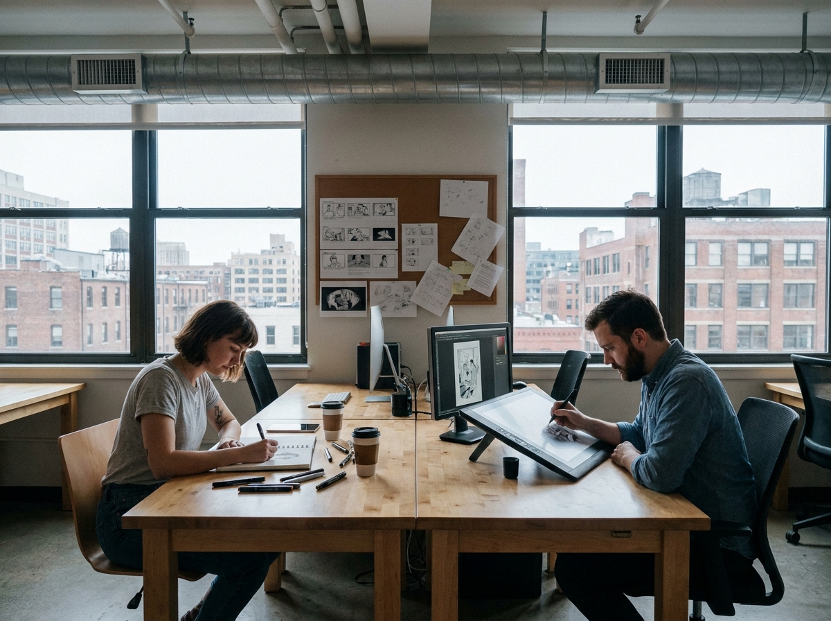 Deux artistes illustrateurs travaillant côte à côte dans un espace de co-working créatif, l'un au dessin traditionnel, l'autre au numérique