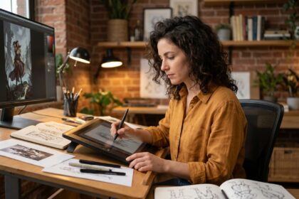 Illustratrice en train de travailler sur une tablette graphique dans un studio créatif chaleureux rempli de croquis et de livres d'art