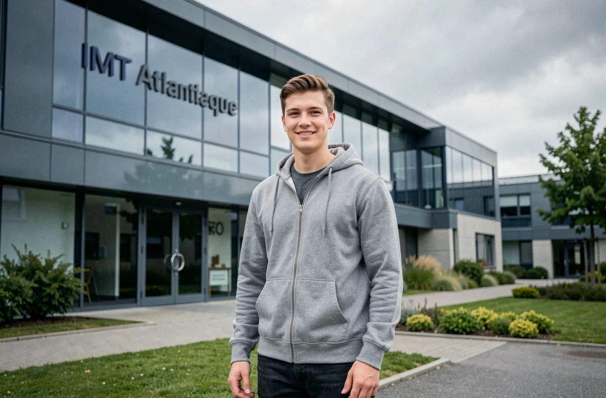 Étudiant devant le campus moderne de l'IMT Atlantique à Brest en Bretagne
