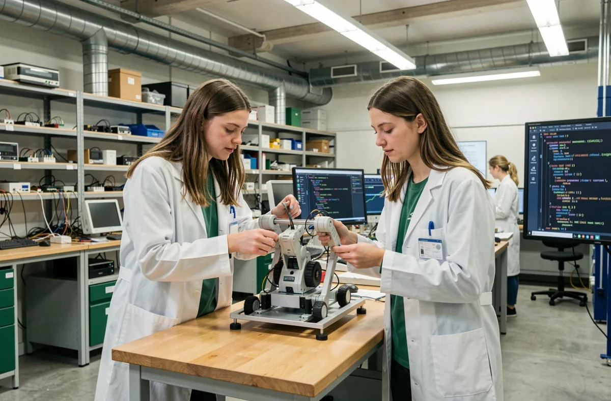 Étudiantes en ingénierie manipulant un prototype robotique dans un laboratoire de l'INSA Rennes
