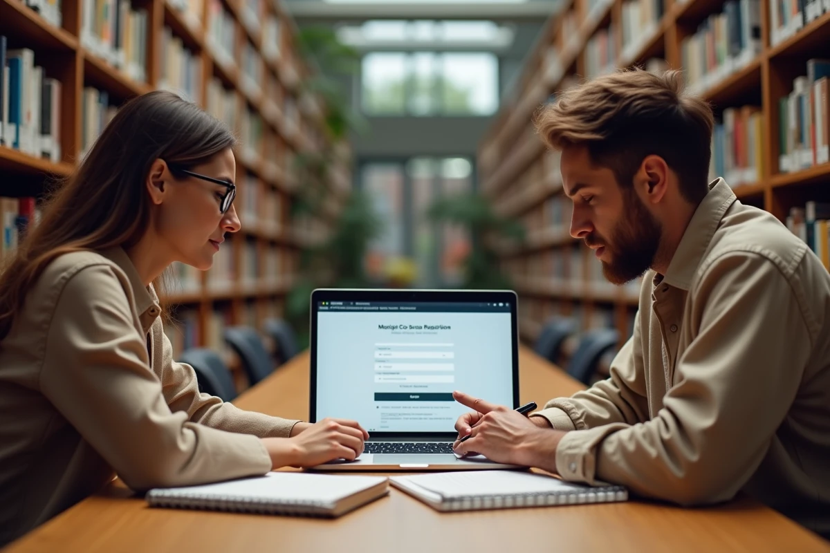 Deux adultes s'inscrivant ensemble à un parcours MOOC sur un ordinateur portable dans une bibliothèque moderne, prise de vue large
