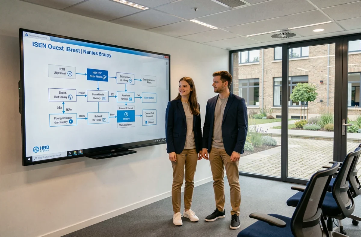 Étudiants de l'ISEN Ouest présentant une architecture de système IoT sur un écran interactif dans une salle séminaire