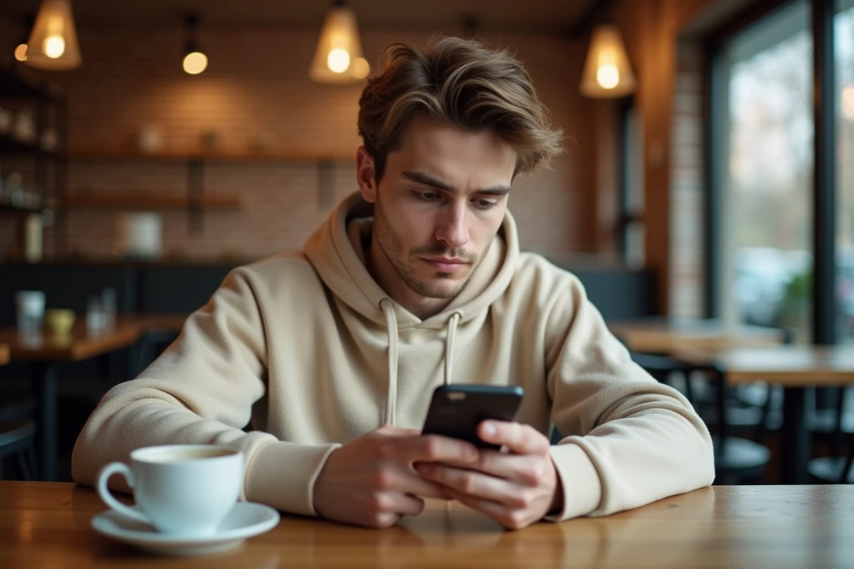 Jeune adulte accédant à son espace inscrit via smartphone dans un café moderne