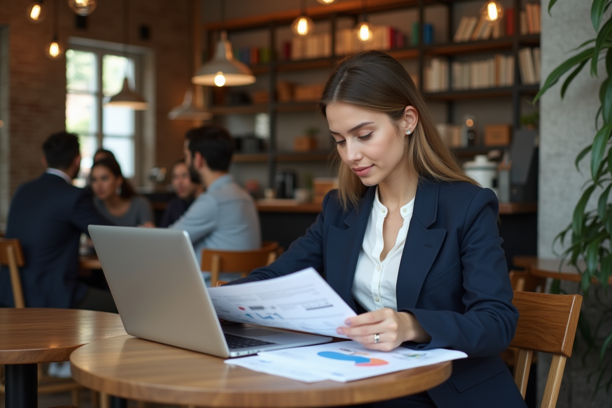 Jeune analyste en café en train de travailler sur son ordinateur
