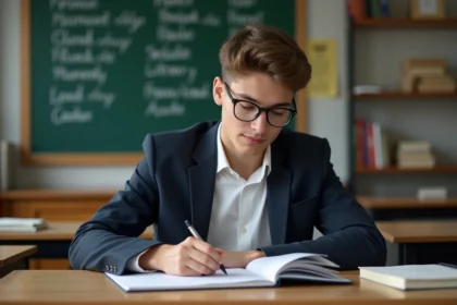 Jeune élève en classe écrivant dans un cahier avec tableau de littérature