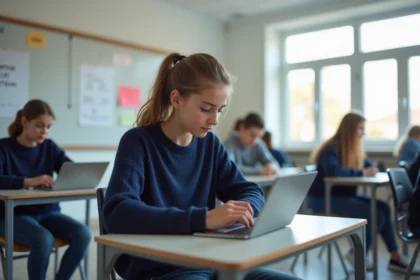 Jeune élève au collège utilisant une tablette en classe