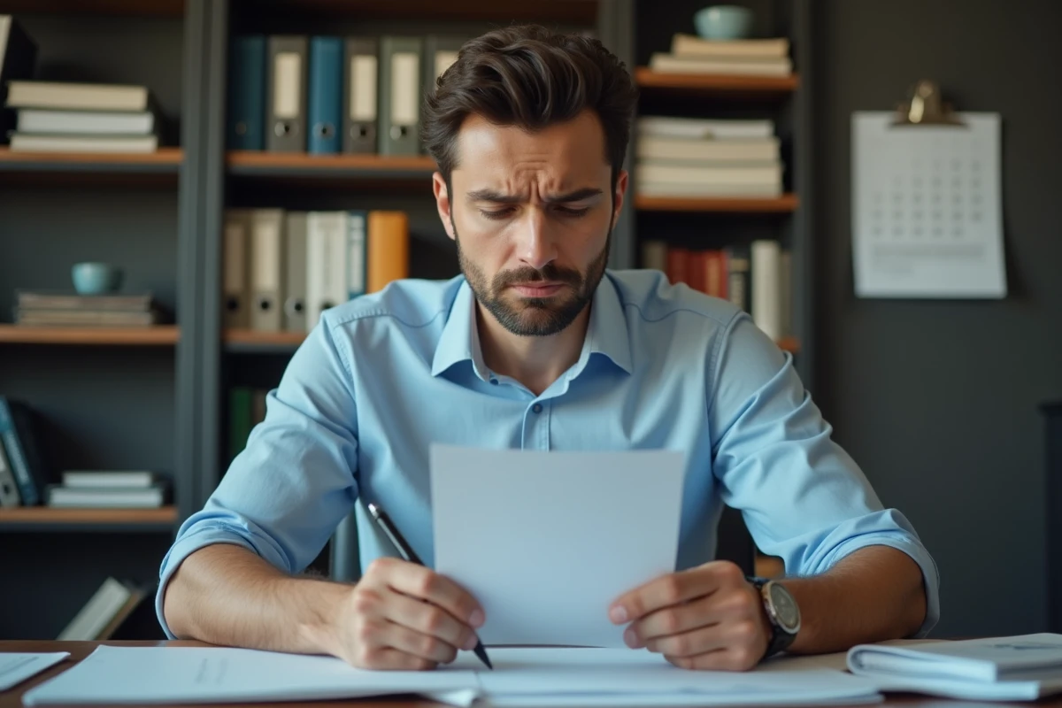 Jeune cadre perplexe à son bureau avec notes et livres