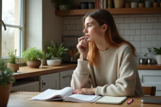 Jeune femme concentrée à étudier un livre de grammaire française