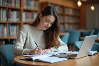 Jeune femme concentrée à la bibliothèque en train de remplir un dossier Parcoursup