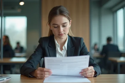 Jeune femme en bureau examinant un contrat de stage