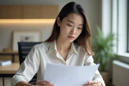 Jeune femme en bureau lisant un document officiel