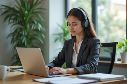 Jeune femme concentrée au bureau avec ordinateurs et plantes