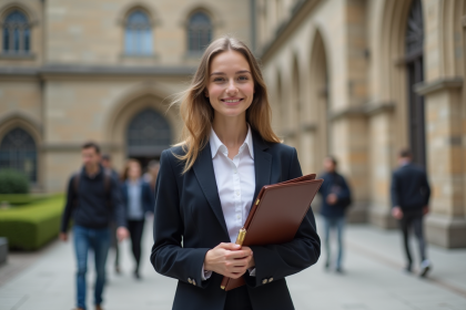 Jeune femme en costume avec diplôme devant universite