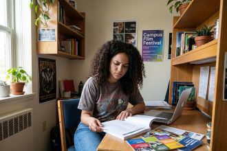 Jeune femme concentrée à son bureau d'étudiant