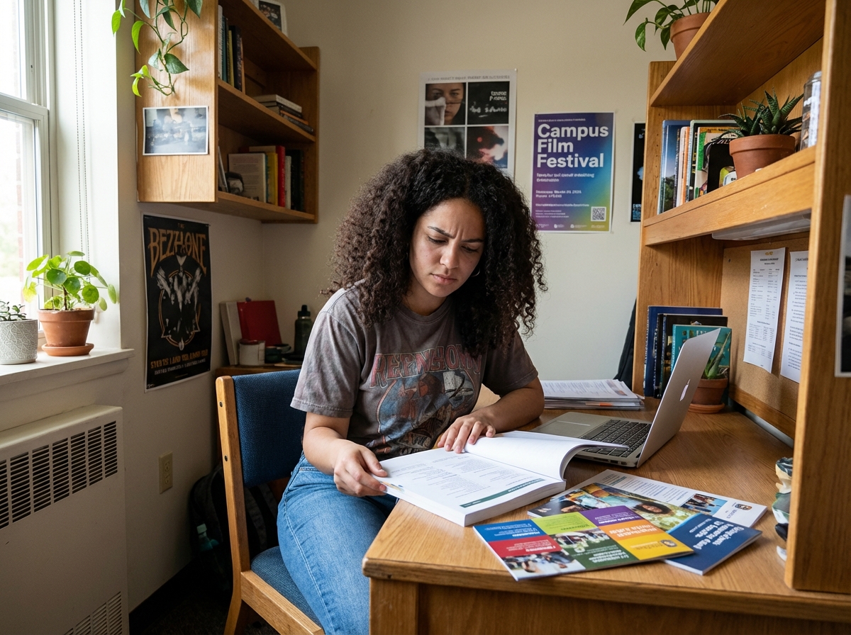Jeune femme concentrée à son bureau d'étudiant
