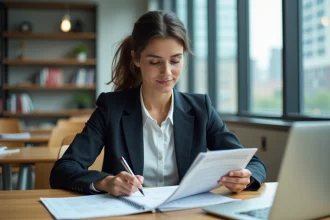 Jeune femme en étude finance dans une salle moderne