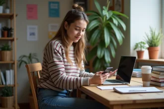 Jeune femme étudiant avec smartphone dans son appartement