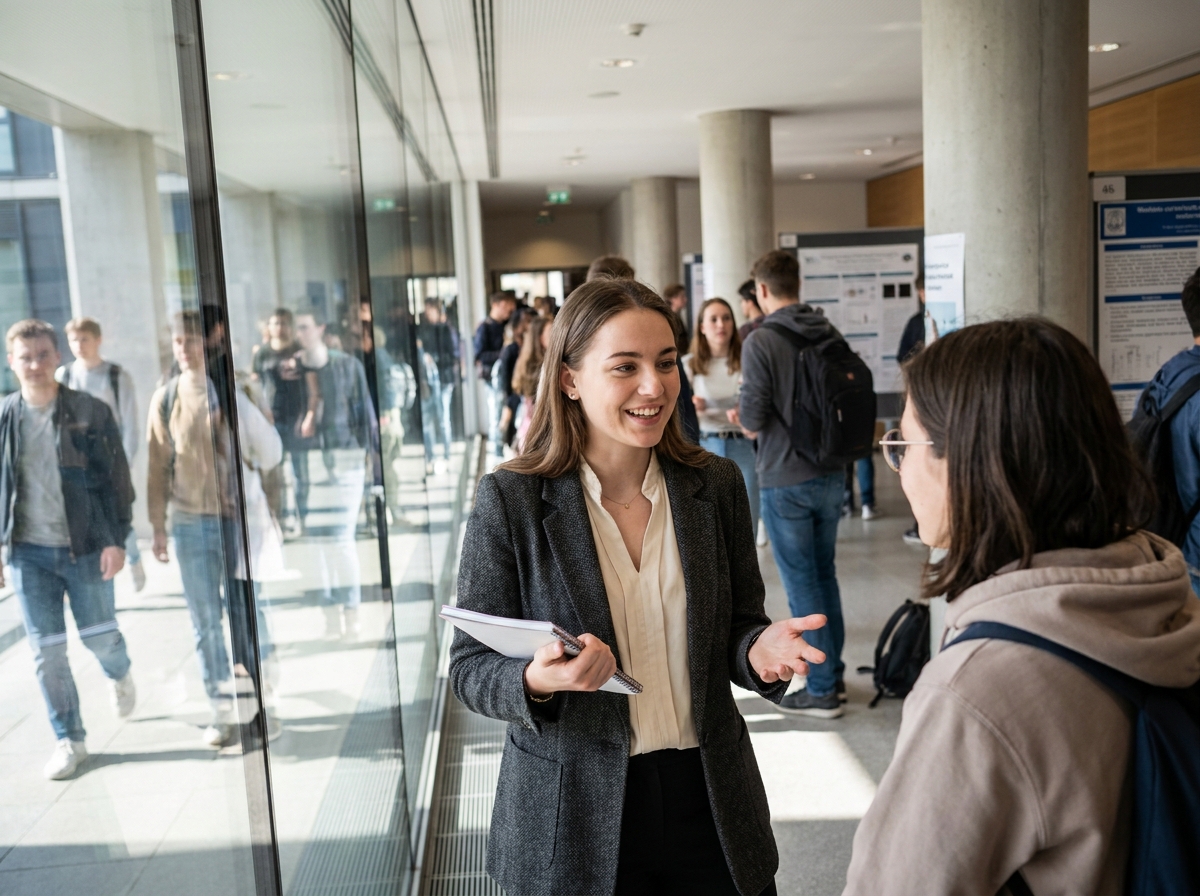 Jeune femme souriante dans un hall universitaire moderne