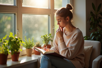 Jeune femme lisant et prenant des notes près d'une fenêtre