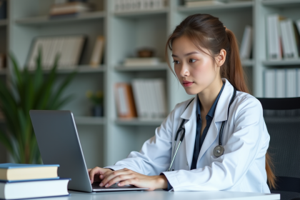 Jeune femme en blouse blanche dans un bureau universitaire