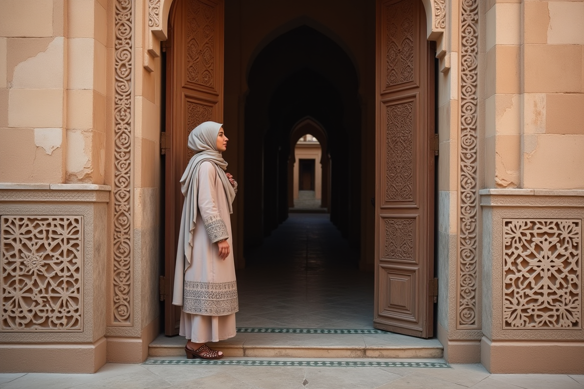 Jeune femme marocaine devant une porte de mosquee ancienne