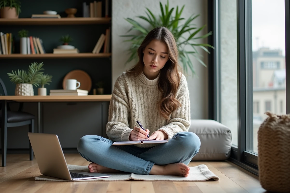 Jeune femme concentrée prenant des notes dans un appartement moderne