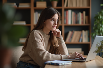 Jeune femme concentrée prenant des notes dans un salon chaleureux