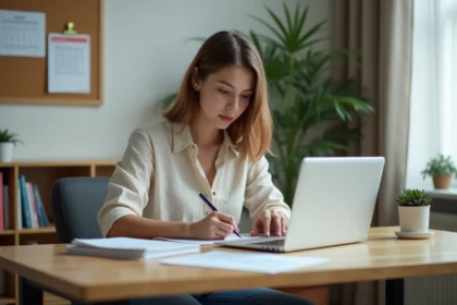 Jeune femme concentrée remplissant des papiers dans son appartement