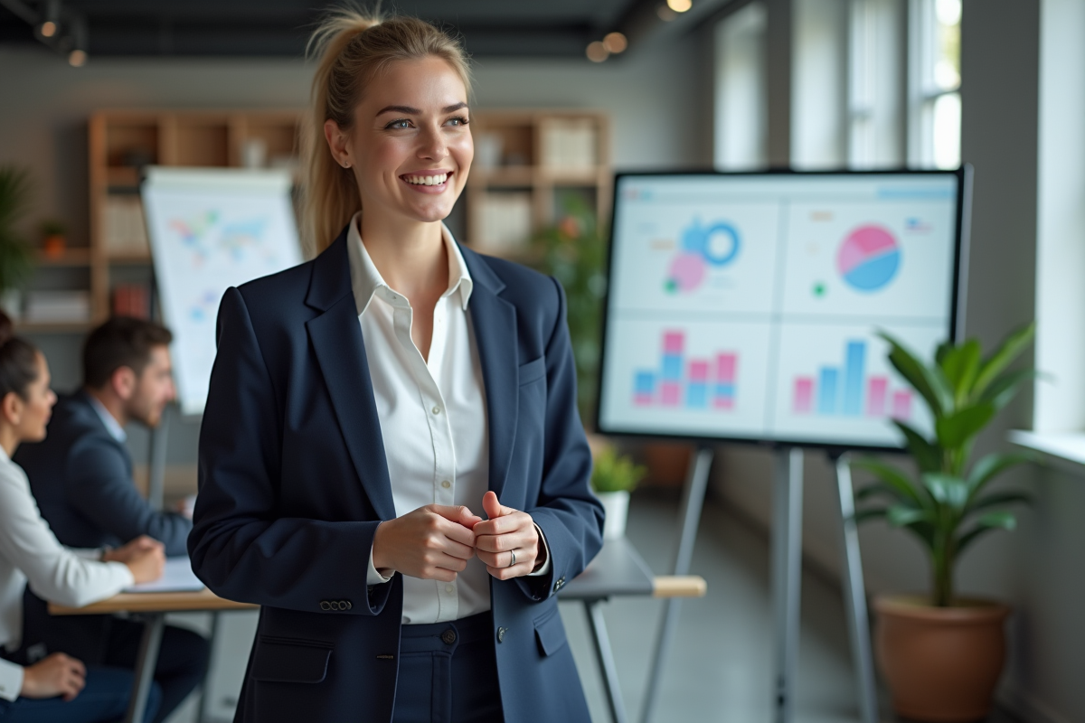 Jeune femme confiante présentant avec tableau digital