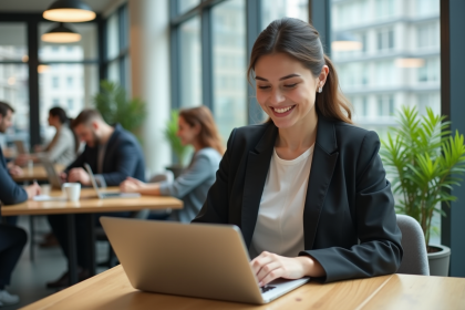 Jeune femme souriante travaillant sur un ordinateur dans un espace coworking
