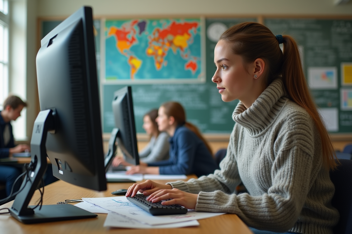 Jeune femme en classe travaillant sur un ordinateur dans une salle de formation