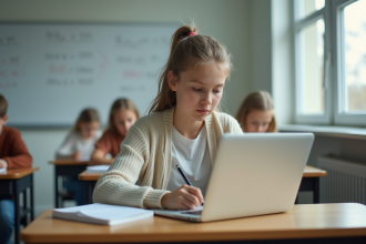 Jeune fille concentrée sur son ordinateur en classe