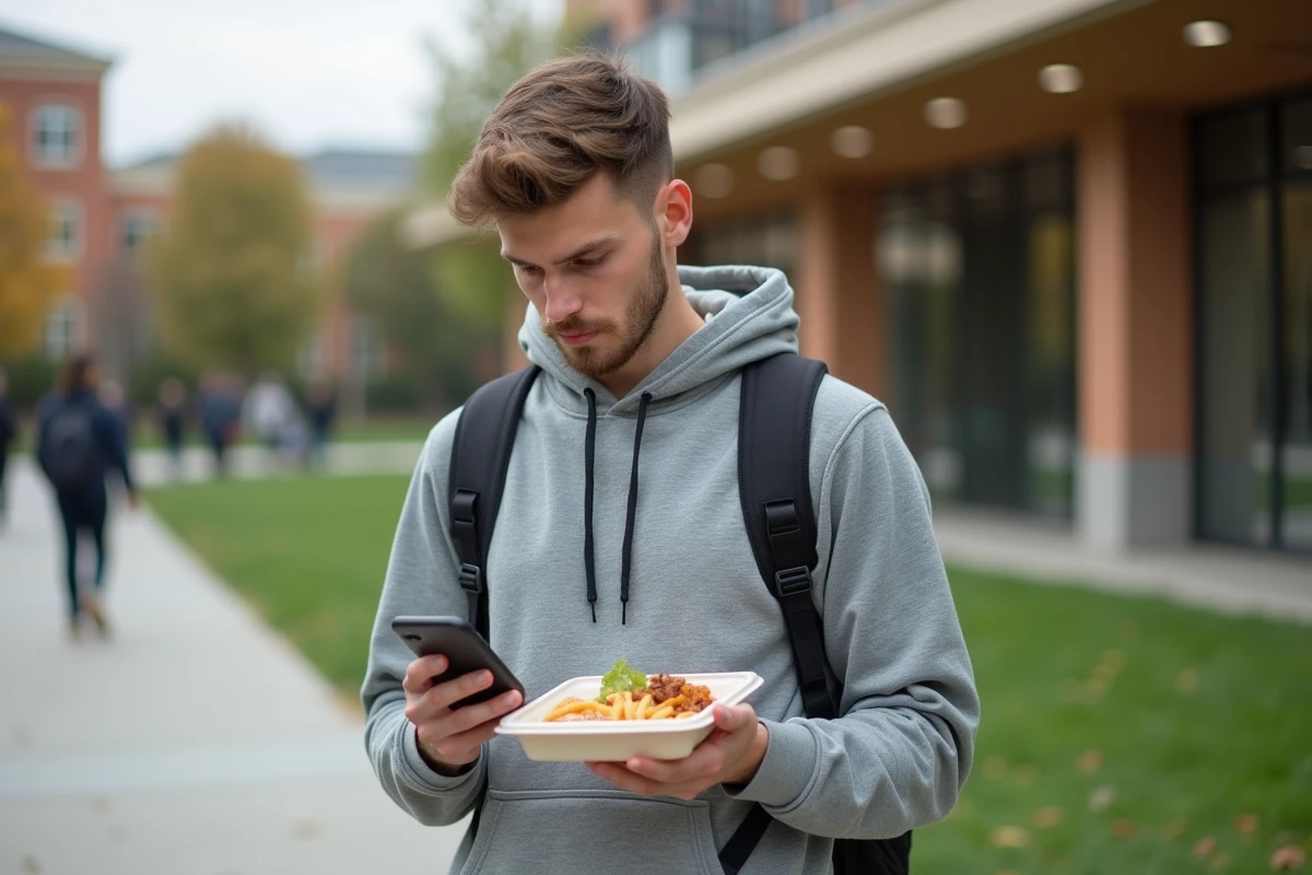 Jeune homme dehors près de la cafeteria universitaire