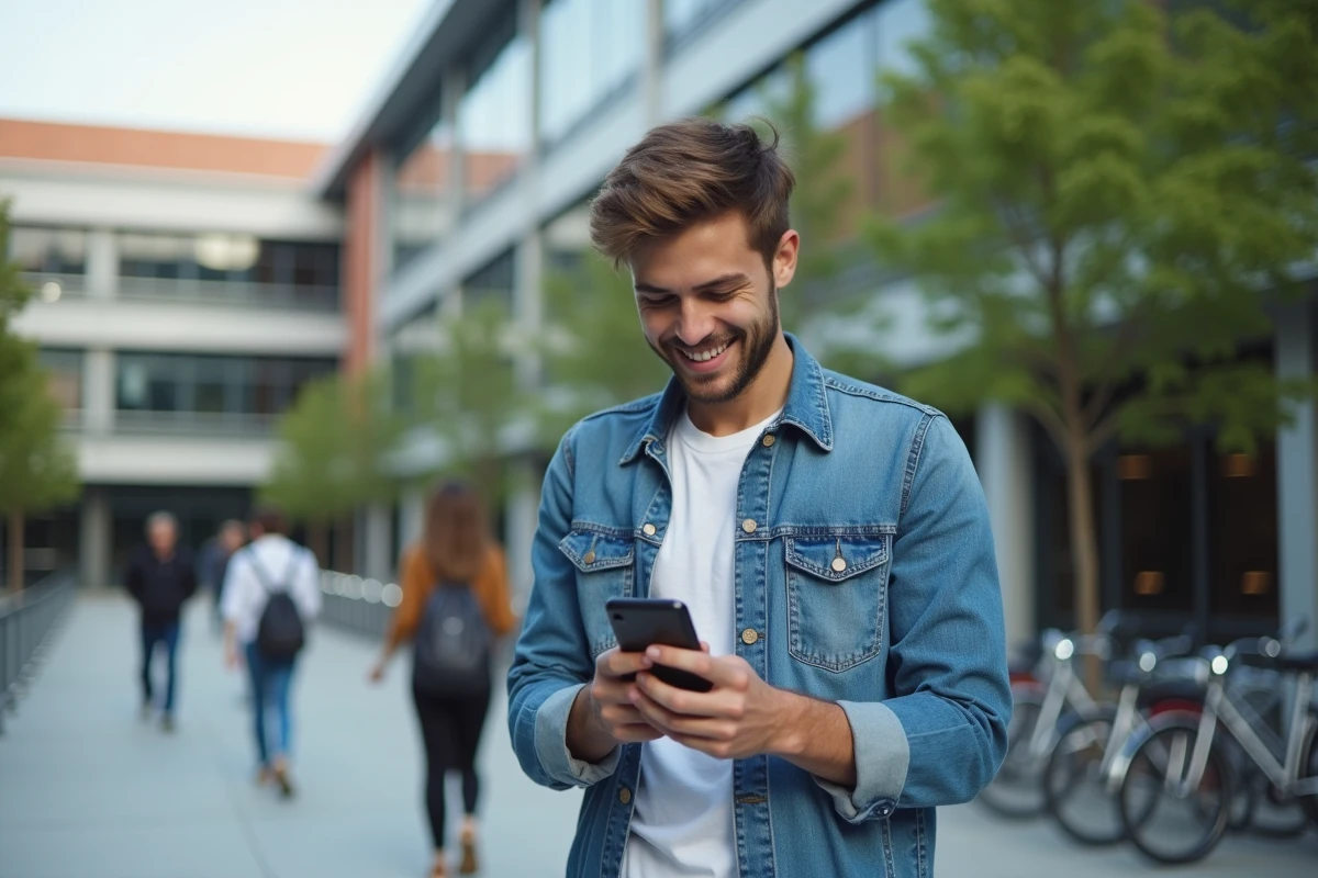 Jeune homme dehors vérifiant son smartphone pour un stage