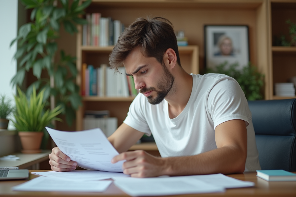 Jeune homme concentré en train d'étudier dans un appartement moderne