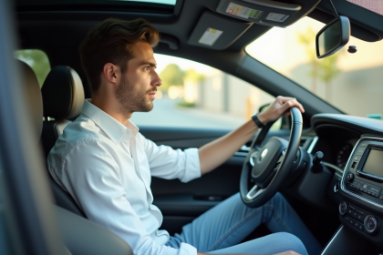 Jeune homme concentré dans sa voiture avec livres de conduite